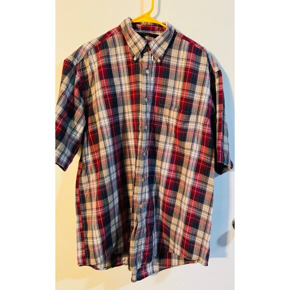 Nautica Mens Large Red & Blue Plaid Short Sleeve Button-Up Shirt - Picture 1 of 3